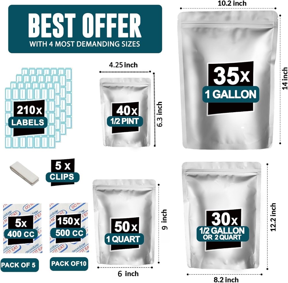 155 Mylar Bags with 155 Oxygen - đánh giá và giá Food Storage Long Term